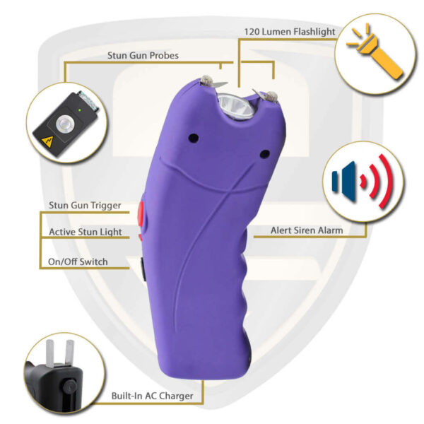 purple stun gun with alarm and flashlight